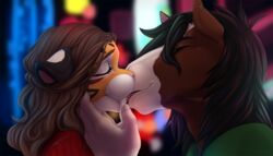  2019 alex_marx anthro black_hair blurred_background blush brown_body brown_fur brown_hair closed_eyes clothed clothing clydesdale countershading digital_media_(artwork) draft_horse duo equid equine facial_markings fangs felid female french_kissing fur hair hand_on_cheek head_markings holding_cheek horse interspecies kissing male male/female mammal markings neon_lights omesore orange_body orange_fur pantherine patreon_exclusive sabertooth_(anatomy) sharp_teeth simple_background smile story story_at_source story_in_description striped_body striped_fur stripes tashi_gibson teeth tiger tongue tongue_out 