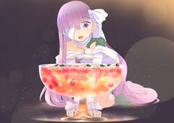  :d bandage_over_one_eye bandaged_arm bandaged_head bandaged_leg bandages bare_shoulders blush breasts cherry cup drinking_glass fate/extra fate/extra_ccc fate/extra_ccc_fox_tail fate_(series) female food fruit grey_background hair_ribbon highres kingprotea_(fate) light_particles long_hair looking_at_viewer mentaiko_mamire mint moss naked_bandage open_mouth oversized_object purple_hair raspberry ribbon small_breasts smile solo very_long_hair 