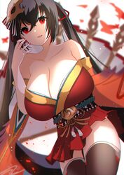  absurdres ahoge azur_lane bare_shoulders black_hair black_thighhighs breasts cleavage collarbone commentary_request crossed_bangs female hair_between_eyes highres huge_breasts japanese_clothes kimono long_hair mask mask_on_head off_shoulder one-hour_drawing_challenge open_mouth red_eyes red_kimono sash solo taihou_(azur_lane) thighhighs thighs very_long_hair yamaha_tsui 