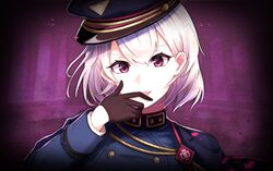  aohitsugi_nemu black_gloves commentary_request female gloves hair_between_eyes hat highres hypnosis_mic looking_at_viewer military military_hat military_uniform parted_lips partial_commentary portrait purple_background red_eyes shireru_illust short_hair solo uniform white_hair 