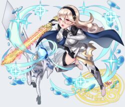  absurdres artist_name blonde_hair breasts cape commentary corrin_(dragon)_(fire_emblem) corrin_(female)_(fire_emblem) corrin_(fire_emblem) eyelashes feet female fighting_stance fire_emblem fire_emblem_fates full_body gloves glowing glowing_sword glowing_weapon hair_between_eyes hairband highres holding holding_sword holding_weapon juliet_sleeves leg_up legs long_hair long_sleeves looking_at_viewer oerba_yun_fang open_mouth pointy_ears puffy_sleeves red_eyes sarukaiwolf sparkle sword teeth thighs toes tongue weapon yato_(fire_emblem) 