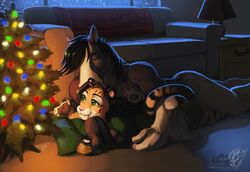  alex_marx alexthecatte_(disambiguation) anthro brown_hair christmas christmas_lights christmas_tree closed_eyes clothed clothing clydesdale cuddling detailed_background digital_media_(artwork) draft_horse duo equid equine facial_markings fangs felid female fur furniture green_eyes hair head_markings holding_object holidays horse hug kissing_head living_room lying male male/female mammal markings muscular orange_body orange_fur pantherine plushie sabertooth_(anatomy) smile sofa story story_in_description striped_body striped_fur stripes tail_curl tashi_gibson tiger topless_male tree vallhund 