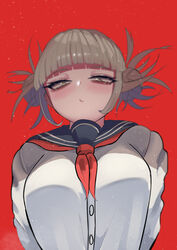  absurdres arms_behind_back bags_under_eyes blonde_hair blue_sailor_collar blunt_bangs blurry blurry_background blush boku_no_hero_academia breast_focus breasts cardigan closed_mouth commentary double_bun female hair_bun highres messy_hair narrowed_eyes neckerchief red_background red_neckerchief sailor_collar school_uniform serafuku sidelocks simple_background solo toga_himiko upper_body yellow_cardigan yellow_eyes zd_(pixiv6210083) 