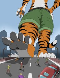  2019 4_fingers 4_toes ambiguous_gender anthro belt bottom_view car day feet felid fingers foot_focus group human macro male mammal pantherine pawpads plantigrade running short_pants size_difference sky street street_lamp tiger toes vegabone vehicle walking 