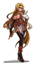  absurdres alternate_costume arm_guards bare_shoulders black_gloves black_thighhighs blonde_hair breasts cleavage commission dark-skinned_female dark_skin elbow_gloves female fire_emblem fire_emblem:_the_binding_blade fire_emblem_heroes gloves hand_on_own_hip headgear highres holding holding_weapon igrene_(fire_emblem) igrene_(ninja)_(fire_emblem) japanese_clothes katana mole mole_under_eye ninja official_alternate_costume pelvic_curtain saiykik scarf sleeveless smile solo sword thigh_strap thighhighs weapon white_background yellow_eyes 