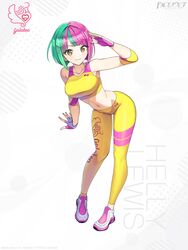  absurdres artist_request bare_shoulders breasts character_name collarbone copyright_name crop_top dolphin_wave female fingerless_gloves full_body gloves grey_hair helly_lewis highres leaning_forward logo looking_at_viewer medium_breasts midriff multicolored_hair navel official_art ootomo_takuji pants pink_hair shiny_clothes shoes short_hair simple_background skin_tight sleeveless smile stomach two-tone_hair yellow_eyes yoga_pants 