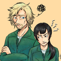  1boy ace_combat ace_combat_7 annoyed black_hair blonde_hair blue_eyes brown_eyes collarbone count_(ace_combat_7) crossed_arms facial_hair female huxian long_hair looking_at_another md5_mismatch open_mouth pilot ponytail shinji_(shinjisq) shirt short_hair signature squiggle wavy_hair white_shirt yellow_background zipper 