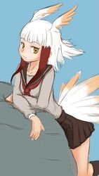  alternate_costume bird_girl bird_tail bird_wings black_hair brown_skirt commentary_request female grey_sweater head_wings japanese_crested_ibis_(kemono_friends) kemono_friends long_sleeves looking_at_viewer multicolored_hair neckerchief obsession36 pleated_skirt red_hair red_neckerchief sailor_collar school_uniform serafuku short_hair sidelocks skirt solo sweater tail white_hair wings yellow_eyes 