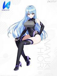  absurdres artist_request bare_shoulders blue_hair boots breasts character_name closed_mouth copyright_name dolphin_wave elbow_gloves female fingerless_gloves framed_breasts full_body gloves hand_on_own_hip high_heels highleg highleg_leotard highres kazami_uniform large_breasts leotard logo long_hair looking_at_viewer nayuki_hiori neon_trim official_art ootomo_takuji red_eyes shiny_skin simple_background sitting sleeveless thigh_boots thighs turtleneck 