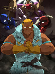  1boy armband bara bare_shoulders black_sash buzz_cut closed_mouth columns_ke commentary_request conkeldurr dark-skinned_male dark_skin fingerless_gloves fist_in_hand frown gloves green_jacket jacket male_focus marshal_(pokemon) mienshao multicolored_hair muscular muscular_male orange_gloves orange_hair own_hands_together pokemon pokemon_(creature) pokemon_bw sash sawk short_hair sleeveless sleeveless_jacket throh two-tone_hair very_short_hair 