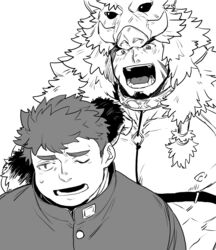  2boys animal_hood asahi_(zabaniyan) bara bare_pectorals blush boar_boy boar_hood body_fur chest_harness collar facial_hair fat fat_man gakuran goatee greyscale gullinbursti_(housamo) harness highres hood large_pectorals long_sideburns male_focus monochrome multiple_boys muscular muscular_male nipples oerba_yun_fang pectorals protagonist_5_(housamo) school_uniform short_hair sideburns smile tokyo_afterschool_summoners upper_body 