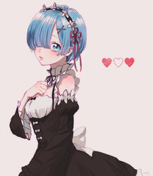  bare_shoulders black_bow blue_eyes blue_hair bow detached_collar eyelashes female hair_ornament hair_over_one_eye heart highres kurosujuu maid maid_headdress pink_ribbon re:zero_kara_hajimeru_isekai_seikatsu rem_(re:zero) ribbon ribbon_trim roswaal_mansion_maid_uniform short_hair simple_background solo white_background x_hair_ornament 