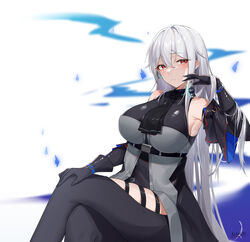  arknights ascot bare_shoulders black_ascot black_gloves black_pants breasts charm_(object) clothing_cutout commentary_request crossed_legs doctor_(arknights) feet_out_of_frame female gloves hair_between_eyes hand_up highres kerxeno large_breasts leggings long_hair looking_at_viewer no_headwear pants red_eyes simple_background sitting skadi_(arknights) skadi_(elite_ii)_(arknights) solo thigh_cutout thighs very_long_hair white_background white_hair 