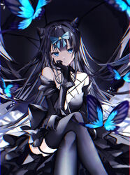  arcaea black_gloves black_hair blue_butterfly blue_eyes bow bug butterfly cone_hair_bun detached_sleeves expressionless female gloves hair_bun hairbow hand_on_own_cheek hand_on_own_face highres saksak_mocchiri solo tairitsu_(arcaea) tairitsu_(tempest)_(arcaea) 