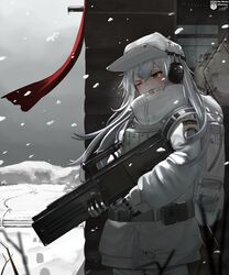  2girls absurdres assault_rifle brown_eyes brown_hair g11_(girls&#039;_frontline) german_flag girls&#039;_frontline gloves grey_hair gun h&amp;k_g11 hat headphones highres holding holding_gun holding_weapon long_hair long_sleeves multiple_girls one_eye_closed outdoors rifle scar scar_across_eye tactical_clothes twintails ump9_(girls&#039;_frontline) weapon white_headwear winter xinggong_shili 