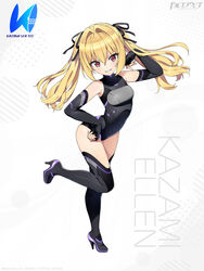  absurdres artist_request bare_shoulders black_footwear blonde_hair blush boots bow bowtie breasts character_name copyright_name dolphin_wave elbow_gloves female fingerless_gloves framed_breasts full_body gloves head_tilt high_heel_boots high_heels highleg highleg_leotard highres kazami_ellen kazami_uniform leg_up leotard logo long_hair looking_at_viewer neon_trim official_art ootomo_takuji parted_lips red_eyes shiny_skin simple_background sleeveless small_breasts smile teeth thigh_boots thighs turtleneck twintails 