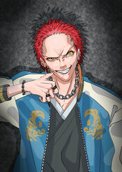  1boy chains ear_piercing eyelashes fangs grey_background harai_kuko highres hypnosis_mic jacket japanese_clothes jewelry letterman_jacket long_sleeves looking_at_viewer male_focus necklace piercing red_hair ring short_hair smile solo spiked_hair taiyou teeth yellow_eyes 