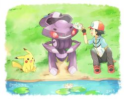  1boy baseball_cap black_gloves black_hair blush commentary_request day fingerless_gloves gen_1_pokemon gen_5_pokemon genesect gloves grass grey_pants hand_up hat jacket lily_pad looking_to_the_side male_focus mei_(maysroom) mythical_pokemon open_mouth outdoors pants pikachu pokemon pokemon_(anime) pokemon_(creature) pokemon_bw_(anime) satoshi_(pokemon) shoes short_sleeves signature sitting smile tongue water zipper_pull_tab 