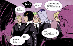  6+boys bad_id bad_pixiv_id black_hair blank_eyes blonde_hair bob_cut braid bruno_bucciarati formaggio formal green_hair hair_ornament hairclip illuso jojo_no_kimyou_na_bouken leone_abbacchio male_focus marion-ville multiple_boys necktie pannacotta_fugo patterned_clothing pesci prosciutto suit sweat translation_request vento_aureo 