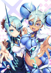  2girls bad_id bad_pixiv_id blue_eyes breasts chest_jewel eyepatch highres holding_hands ice_horns large_breasts multiple_girls navel novady open_mouth praxis_(xenoblade) purple_eyes short_hair small_breasts smile tan theory_(xenoblade) xenoblade_chronicles_(series) xenoblade_chronicles_2 