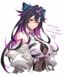  bare_shoulders black_hair blush breasts cleavage cleavage_cutout closed_mouth clothing_cutout collarbone covered_navel female hair_between_eyes highres hololive kakage large_breasts long_hair looking_at_viewer multicolored_hair purple_hair red_eyes simple_background smile solo two-tone_hair unused_hololive_vtuber_(kakage) upper_body virtual_youtuber white_background zipper zipping 