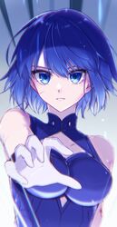  aroma_(aaaaroma_6) blue_eyes blue_hair breasts ciel_(tsukihime) cleavage commentary_request diamond_cutout female gradient_background highres large_breasts looking_at_viewer parted_lips powered_ciel scar short_hair solo tsukihime tsukihime_(remake) upper_body 