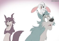  2020 absurd_res ambiguous_gender beastars brown_body brown_fur buckteeth canid canine canis cheek_tuft crossed_arms crossover disney_style domestic_rabbit dwarf_rabbit ear_grab facial_tuft feral feralized fur grabbing_both_ears group hands_on_ears haru_(beastars) hi_res juno_(beastars) lagomorph legoshi_(beastars) leporid mammal meowmavi netherland_dwarf_rabbit on_top open_mouth open_smile oryctolagus rabbit semi-anthro simple_background smile style_emulation teeth tuft white_background white_body white_fur wolf 