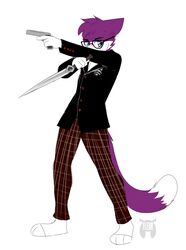  2019 anthro atlus blue_eyes character_request cheek_tuft clothed clothing dagger domestic_cat eyewear facial_tuft felid feline felis fleurfurr fur glasses gun hair hi_res iori_katsumi male mammal megami_tensei megami_tensei_persona melee_weapon monotone_hair multicolored_body multicolored_fur persona_(series) persona_5 purple_body purple_ears purple_fur purple_hair purple_tail ranged_weapon ren_amamiya sega simple_background solo tail tuft two_tone_body two_tone_fur two_tone_tail watermark weapon white_body white_fur white_tail 