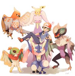  baseball_cap black_hair blue_legwear blue_shirt brown_eyes collared_shirt commentary_request denim gen_1_pokemon gen_6_pokemon goodra greninja hat hawlucha holding_another holding_up jeans mei_(maysroom) noivern pants pikachu pokemon pokemon_(anime) pokemon_(creature) pokemon_xy_(anime) red_footwear satoshi_(pokemon) shirt shoes simple_background sneakers spiked_hair talonflame white_background 