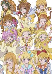  6+girls aikatsu! aikatsu!_(series) aino_minako amulet_dia annotated arisugawa_otome arm_up armlet asuka_momoko atat_karubi bare_shoulders bishoujo_senshi_sailor_moon blonde_hair blue_bow blue_bowtie blue_eyes bow bowtie braid brown_hair cardcaptor_sakura choker coco_(mermaid)_(mermaid_melody_pichi_pichi_pitch) coco_(mermaid_melody_pichi_pichi_pitch) collarbone color_connection commentary cone_hair_bun crossover crown cure_lemonade detached_sleeves diamond_hair_ornament domino_mask dress drill_hair elbow_gloves english_commentary frilled_choker frilled_sleeves frills fuuin_no_tsue genre_connection gloves green_eyes green_hair hair_bun hairband hairbow hand_on_own_cheek hand_on_own_face hat heart heart_hands highres hinamori_amu holding holding_mask holding_microphone holding_umbrella holding_wand idol_time_pripara jewelry kanaria kasugano_urara_(yes!_precure_5) kero_(cardcaptor_sakura) kinomoto_sakura long_hair magical_girl mask mermaid_melody_pichi_pichi_pitch mew_pudding microphone multiple_crossover multiple_girls my_melody necklace ojamajo_doremi on_shoulder one_eye_closed onegai_my_melody open_mouth orange_choker orange_sailor_collar pink_hair precure pretty_series pripara puffy_detached_sleeves puffy_sleeves red_bow rozen_maiden sailor_collar sailor_senshi_uniform sailor_venus sanrio shell shell_necklace shirt short_hair shugo_chara! sidelocks simple_background sleeveless sleeveless_dress sweater tiara tokyo_mew_mew twin_braids twin_drills twintails umbrella wand white_background white_gloves white_hairband white_shirt wide_sleeves wings witch_hat yellow_dress yellow_eyes yellow_gloves yellow_headwear yellow_sweater yellow_theme yes!_precure_5 yumekawa_yui yumeno_uta 