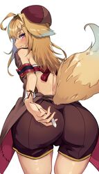  absurdres ahoge animal_ears blonde_hair dog_ears dog_girl dog_tail female from_behind hat highres long_hair looking_back oerba_yun_fang purple_eyes red_ribbon ribbon shinsougumi shitagai_nora shorts skin_fang solo sweatdrop tail tomo0843 virtual_youtuber white_background 