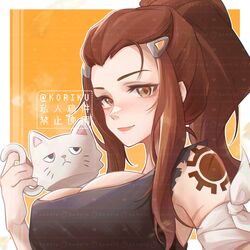  absurdres artist_name bare_shoulders breasts brigitte_(overwatch) brown_eyes brown_hair cleavage closed_mouth cup facial_mark female forehead_mark highres holding holding_cup koriku large_breasts looking_at_viewer mug overwatch sleeveless smile solo tattoo upper_body 