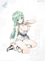  absurdres armlet artist_request bare_shoulders bikini blue_eyes bracelet breasts character_name cleavage collar copyright_name dolphin_wave dress earrings female fingernails full_body gold_trim hand_up highres hoop_earrings jewelry large_breasts light_green_hair logo long_hair looking_at_viewer navel official_art ootomo_takuji parted_lips selena_lewis shiny_skin shoes short_dress simple_background sitting smile stomach swimsuit thighs 