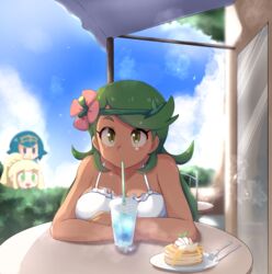  3girls blonde_hair blue_eyes blue_hair blush breasts cloud commentary_request cup dark-skinned_female dark_skin day drinking drinking_straw flower food fork green_eyes green_hair hair_flower hair_ornament highres knife lana_(pokemon) lillie_(pokemon) long_hair looking_at_another looking_at_viewer mallow_(pokemon) multiple_girls outdoors pancake peeping pokemon pokemon_sm pov_across_table pov_dating robert_m shade sky watching 