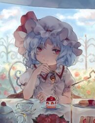  absurdres arm_rest bad_id bad_pixiv_id bat_wings blue_hair blue_sky blurry brooch cake closed_mouth cloud cup day depth_of_field female fence flower food fork frilled_shirt_collar frills fruit fruit_sandwich glint hat hat_ribbon highres holding holding_fork jewelry kozumi_(tokuni_naitteba) looking_at_viewer macaron mob_cap plate puffy_short_sleeves puffy_sleeves red_eyes red_ribbon remilia_scarlet ribbon rose_bush saucer shirt short_hair short_sleeves sitting sky solo strawberry strawberry_cake table teacup teapot tiered_tray touhou upper_body white_shirt wing_collar wings wrist_cuffs 