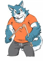  &gt;:3 anthro backscratcher biped black_eyes black_nose blue_body blue_fur bottomwear canid canine canis clothed clothing domestic_dog eyebrows fighting_pose fully_clothed fur holding_object inner_ear_fluff kemono male mammal multicolored_body multicolored_fur muscular muscular_anthro muscular_male pants pose royalsobatya shirt simple_background smile solo standing sweatpants thick_eyebrows topwear tuft two_tone_body two_tone_fur white_background white_body white_fur 