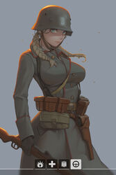  battlefield_(series) battlefield_1 belt bk-201xwz black_gloves blonde_hair blue_eyes bolt_action braid breasts combat_helmet commentary_request expressionless female german_army german_empire germany gloves grey_background gun helmet highres holding holding_gun holding_weapon holstered imperial_german_army large_breasts lips long_hair looking_at_viewer mauser_98 military military_uniform original photoshop_(medium) pouch rifle solo stahlhelm twin_braids uniform utility_belt weapon world_war_i 