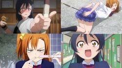  10s 2girls arrow blue_eyes bow brown_hair funny humor kousaka_honoka long_hair love_live! love_live!_school_idol_project multiple_girls on_floor oops open_mouth orange_hair pointing pregnancy_test pregnant rubbing school_uniform side_ponytail sonoda_umi thighhighs what yuri 