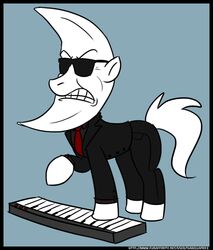  black_border border clothing equid equine eyewear feral frown fur hair hasbro horse isabellaprice keyboard_instrument mac_tonight male mammal mascot mcdonald&#039;s moon musical_instrument musical_keyboard my_little_pony necktie piano playing_music playing_piano pony simple_background solo suit sunglasses text url white_body white_fur white_hair white_skin 