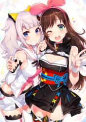  2girls :d aqua_eyes bare_shoulders black_dress blue_eyes breasts brown_hair cleavage cleavage_cutout clothing_cutout commentary_request cosplay costume_switch cowboy_shot detached_sleeves dress fingernails grey_hair grin hands_up heart highres kaguya_luna kaguya_luna_(cosplay) kizuna_ai kizuna_ai_(cosplay) kizuna_ai_inc. lace lace-trimmed_legwear lace_trim large_breasts long_hair long_sleeves mika_pikazo multicolored_hair multiple_girls navel obi one_eye_closed open_mouth pink_hair red_legwear round_teeth sash shirt short_dress short_shorts shorts sideboob sleeveless sleeveless_dress sleeveless_shirt sleeves_past_wrists smile star_(symbol) streaked_hair teeth the_moon_studio thighhighs twintails upper_teeth_only v v-shaped_eyebrows very_long_hair virtual_youtuber white_legwear white_shirt white_shorts zettai_ryouiki 