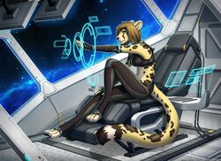  2018 4_toes 5_fingers anthro big_breasts biped black_claws black_nose bra breasts brown_hair captain chair cheetah claws clothed clothing digital_media_(artwork) feet felid feline female fingerless_gloves fingers flipfox fur furniture galaxy gloves hair handwear hybrid kora_brandis legwear mammal midriff milky_way multicolored_body multicolored_fur navel outside pantherine pawpads paws skintight_clothing sky snow_leopard solo space spacecraft sports_bra spots star starry_sky toes underwear vehicle white_body white_fur 