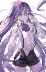  adapted_costume ascot azuki_3693 bad_source black_hair black_shorts blue_eyes blue_hair blush breasts brown_gloves coattails detective female fu_hua fu_hua_(hawk_of_the_fog) fu_hua_(valkyrie_accipiter) gloves grey_hair hair_between_eyes hand_up high_ponytail highres honkai_(series) honkai_impact_3rd long_hair long_sleeves looking_at_viewer monocle official_alternate_costume parted_lips ponytail purple_ascot shirt shorts simple_background small_breasts solo very_long_hair white_background white_shirt white_sleeves 