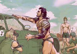  4boys abs arm_tattoo ass bara beard black_hair black_male_underwear blonde_hair bulge car chest_tattoo facial_hair final_fantasy final_fantasy_xv gladiolus_amicitia holding holding_hose hose ignis_scientia jewelry jockstrap large_pectorals long_sideburns male_focus male_underwear mature_male motor_vehicle multiple_boys muscular muscular_male musical_note navel_hair necklace nipples noctis_lucis_caelum outdoors pectorals prompto_argentum rumlockerart short_hair sideburns smile spiked_hair spoken_musical_note stomach tattoo thick_thighs thighs topless_male underwear underwear_only washing washing_vehicle 