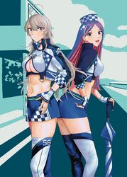  2girls ahoge alternate_costume asymmetrical_legwear back-to-back black_jacket blue_hair blue_skirt breasts center_opening checkered_clothes checkered_headwear cropped_jacket feet_out_of_frame fingerless_gloves gloves grey_eyes highres jacket kantai_collection long_hair looking_at_viewer medium_breasts midriff mini_person minigirl mismatched_legwear multicolored_hair multiple_girls nidou official_alternate_costume planted planted_umbrella race_queen red_hair sideboob skirt south_dakota_(kancolle) star_(symbol) thighhighs umbrella underboob washington_(kancolle) white_gloves white_hair white_jacket 