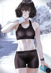  bike_shorts black_hair black_shorts black_sports_bra bottle brand_name_imitation breasts calvin_klein cameltoe collarbone day female highres kaoming looking_at_viewer medium_hair nanjou_ao navel original outdoors pale_skin short_hair shorts skin_tight small_breasts smartwatch solo sports_bra sportswear standing thigh_gap towel underwear_writing watch water_bottle wristwatch 