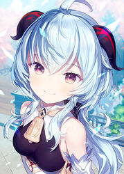  ahoge bare_shoulders bell blue_hair blurry blurry_background bodystocking breasts bridge brown_eyes capriccio closed_mouth commentary_request day depth_of_field detached_sleeves female ganyu_(genshin_impact) genshin_impact hair_between_eyes horns long_hair medium_breasts neck_bell outdoors railing smile solo very_long_hair white_sleeves 