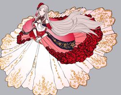  bare_shoulders blush braid breasts cleavage collarbone commentary dress edelgard_von_hresvelg english_commentary eyes_visible_through_hair female fire_emblem fire_emblem:_three_houses flower full_body grey_background hair_ornament highres light_smile long_hair looking_at_viewer medium_breasts purple_eyes ribbon rose sieka_(piiroinardesco) simple_background smile solo strapless strapless_dress very_long_hair wedding_dress white_hair 