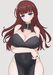  arm_behind_back arm_under_breasts assault_lily bare_arms bare_shoulders black_dress blue_eyes blunt_bangs blush breasts brown_hair china_dress chinese_clothes cleavage cleavage_cutout closed_mouth clothing_cutout covered_navel cowboy_shot dress female grey_background highres jewelry kaede_johan_nouvel large_breasts long_hair looking_at_viewer pelvic_curtain ring side_slit sidelocks simple_background sleeveless sleeveless_dress solo standing sweatdrop ueda_(ueeeeeeeee1006) wavy_hair 