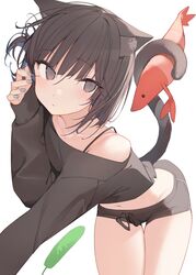  :&lt; absurdres animal_ears black_eyes black_hair blue_nails blush cat_ears cat_girl cat_tail female highres light_blush looking_at_viewer navel original shin_no_tenpii short_hair short_shorts shorts simple_background solo stomach stuffed_animal stuffed_toy tail thigh_gap thighs white_background 