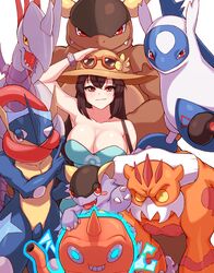  absurdres arm_up bad_id bad_pixiv_id blush breasts brown_hair brown_headwear cleanerjay cleavage closed_mouth collarbone commentary_request dress english_commentary female flower green_dress greninja hat hat_flower highres kangaskhan korean_commentary landorus landorus_(therian) latios long_hair looking_at_viewer mega_kangaskhan mega_pokemon mixed-language_commentary orange-framed_eyewear poke_ball_print pokemon pokemon_(creature) pokemon_sm rotom rotom_(wash) shiny_skin sightseer_(pokemon) skarmory smile sunglasses 